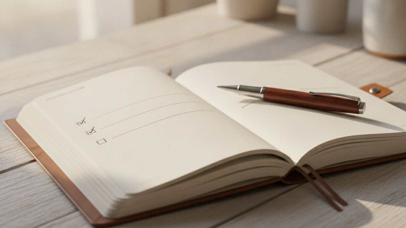 Paper planner open on a desk with a few simple checklist items and a pen, in soft morning light