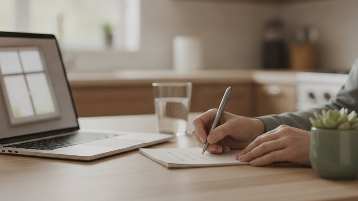 Person's hands writing a short list on a notepad beside a laptop and a glass of water at a kitchen table