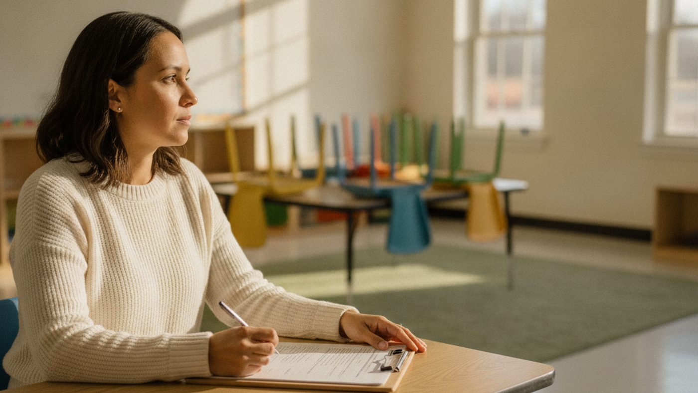 Teacher completing an ADHD rating scale form at a desk in an elementary school classroom