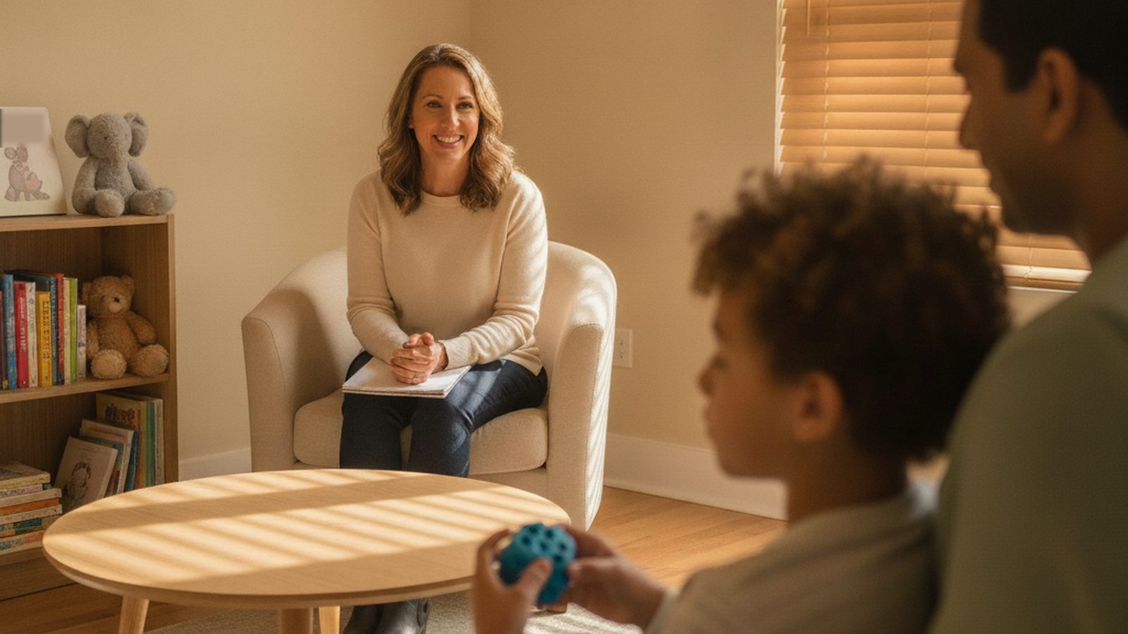 Parent and child meeting with a counselor at the start of a child ADHD evaluation in Humble, Texas