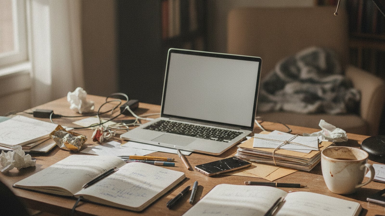 A cluttered home desk with several tasks started and left unfinished