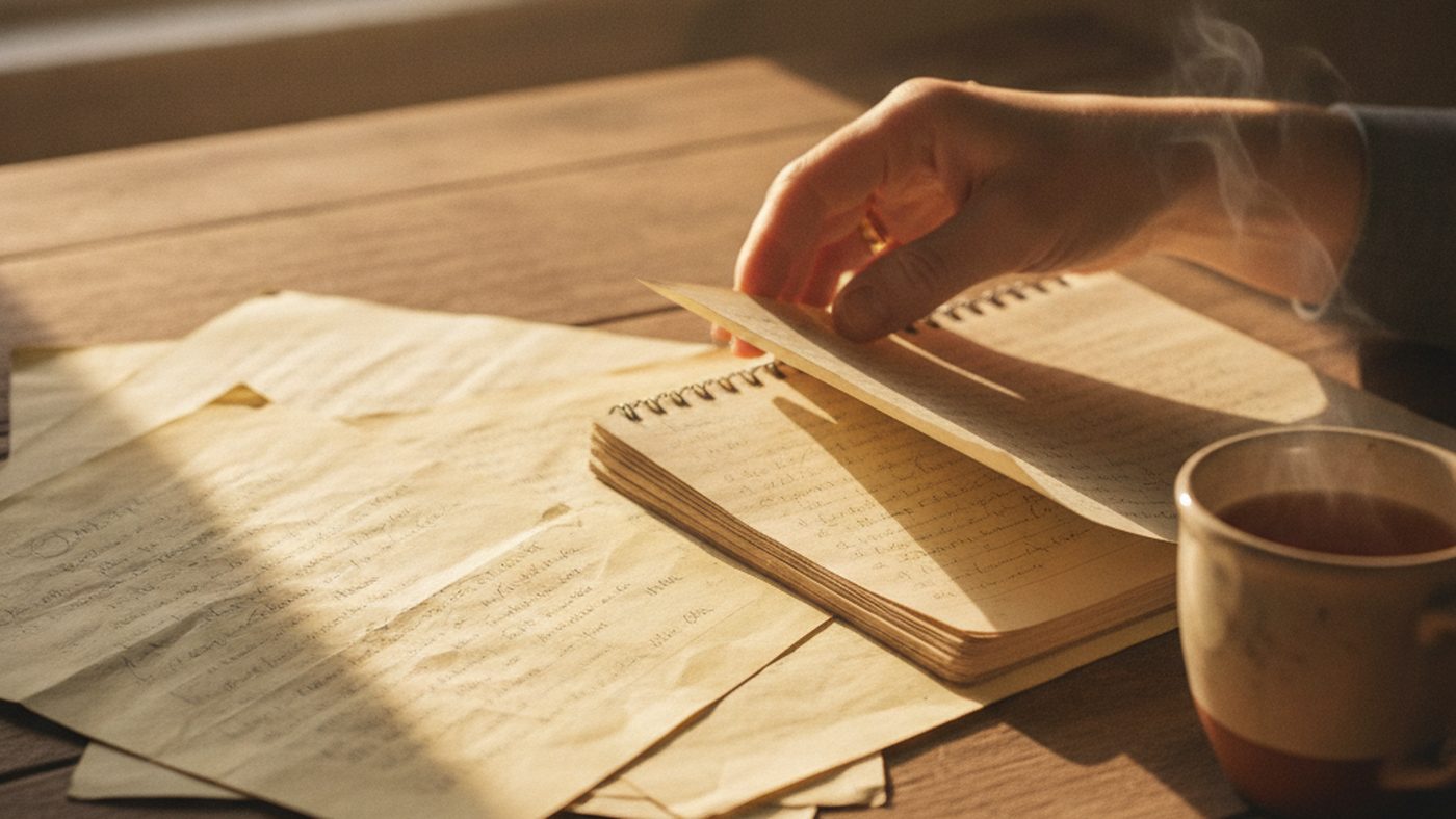 An adult hand turning the pages of old school papers and a notebook on a wooden table in warm afternoon light