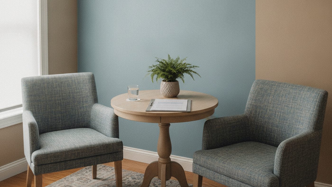 A calm counseling room corner with two chairs and a small table holding a closed report folder, ready for an ADHD feedback session