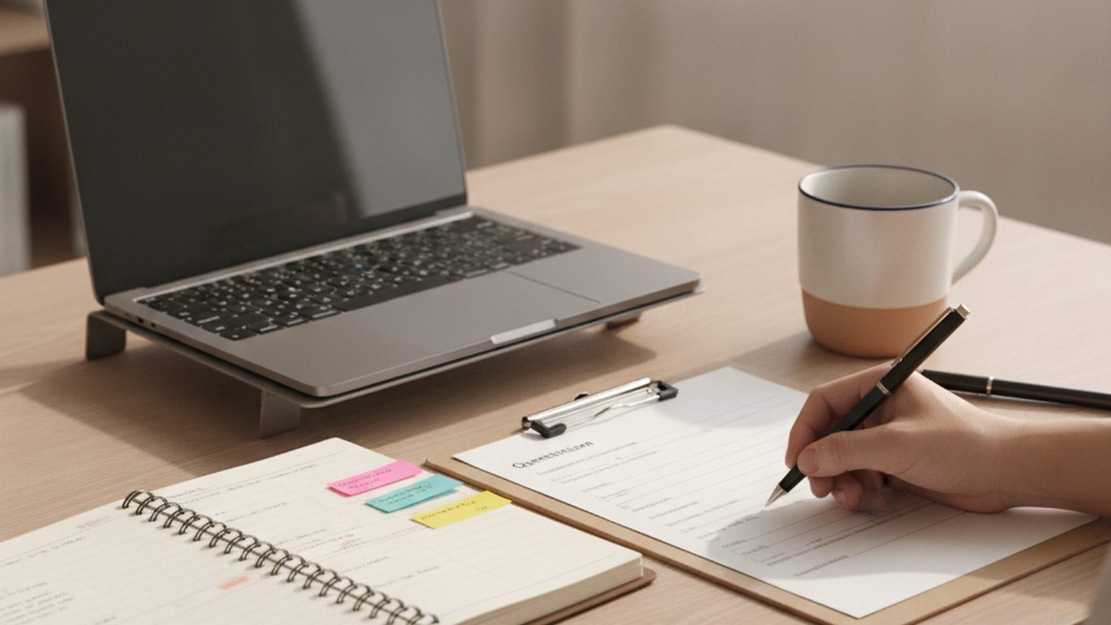 An adult filling in a questionnaire at a tidy home desk with a planner and laptop, preparing for adult ADHD testing