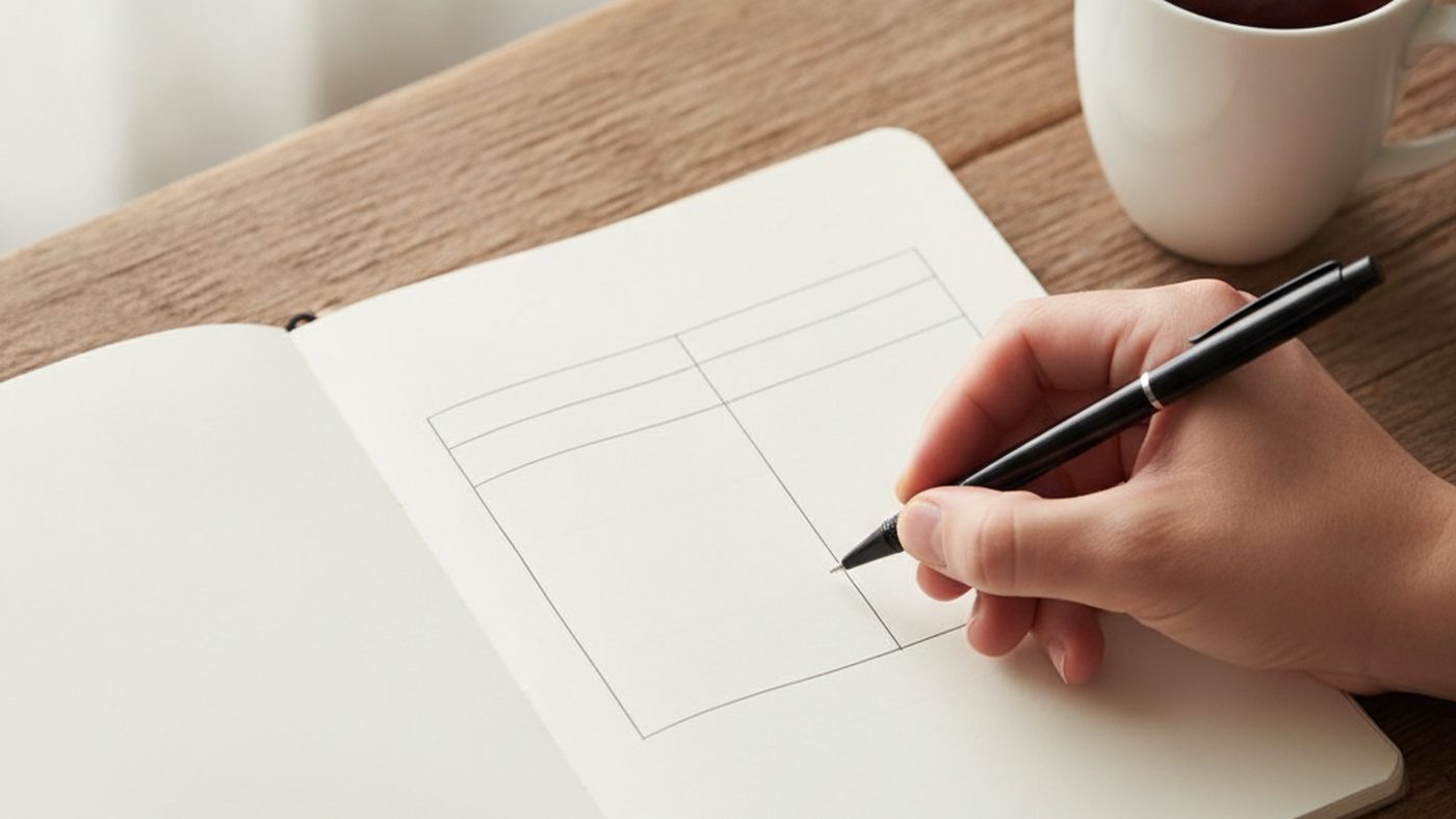 Hands writing in an open notebook with a simple blank worksheet, beside a cup of tea in soft morning light