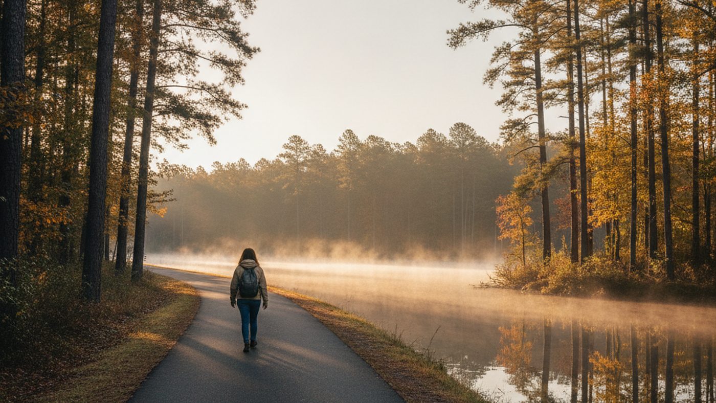 A person walking alone on a quiet lakeside trail lined with pine trees in soft autumn morning light