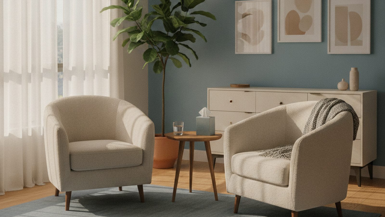 Two armchairs and a small side table in a calm, sunlit counseling room, representing anxiety counseling
