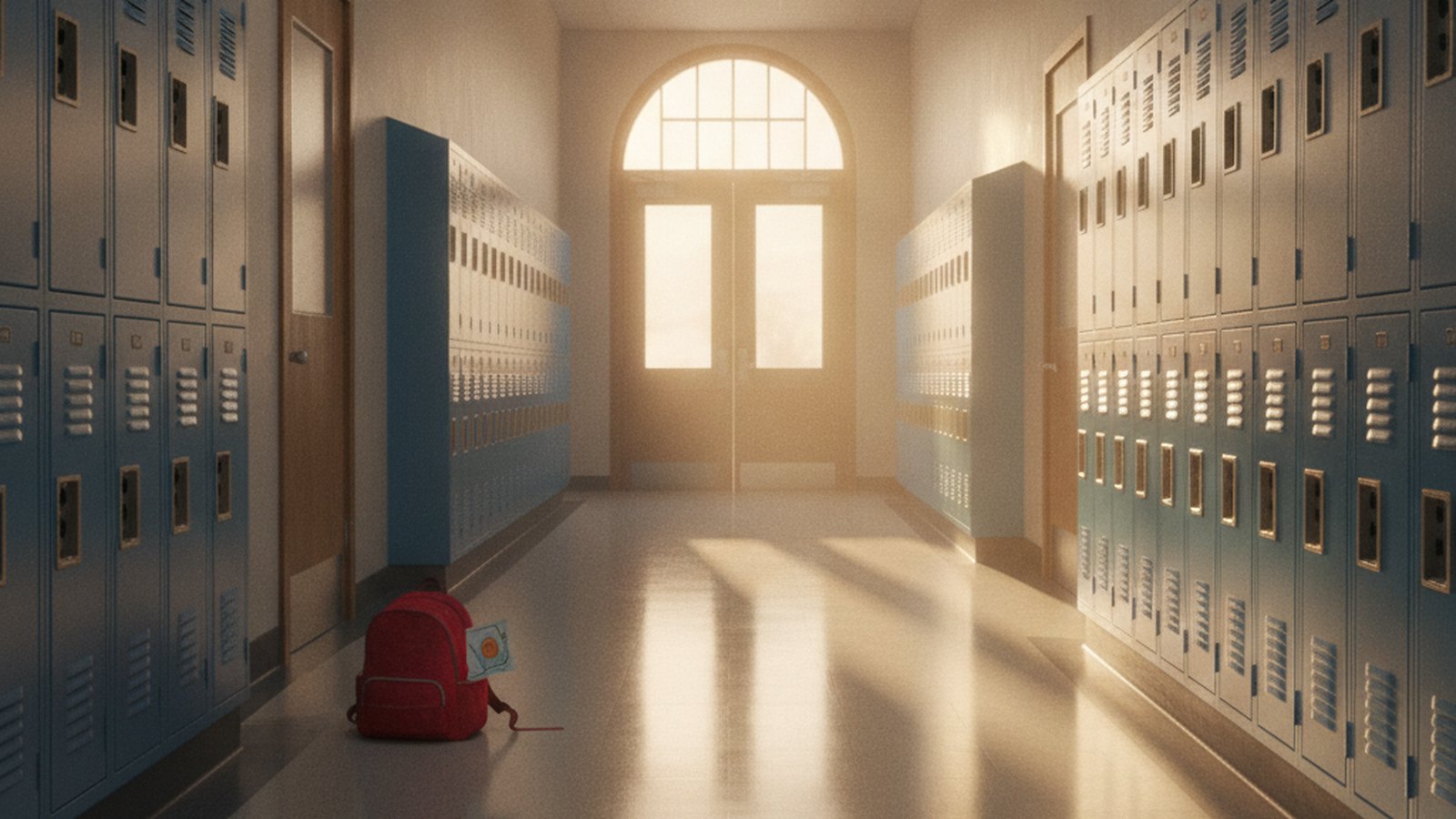An empty school hallway lined with lockers and a small backpack beside a classroom door