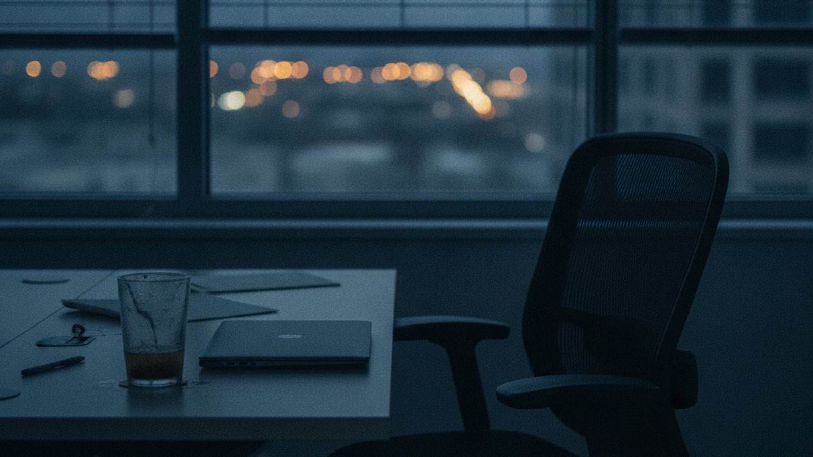 An office desk at dusk with a closed laptop, cold coffee and an empty chair