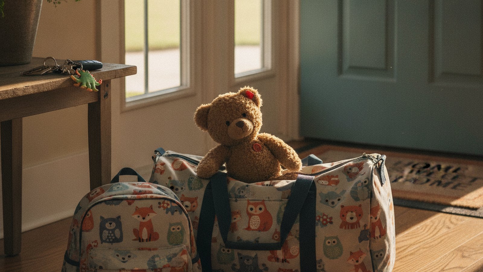 A child's packed duffel bag and backpack waiting by a front door with a soft toy on top
