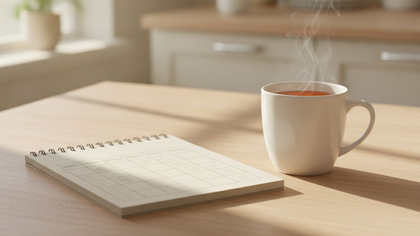 Notebook with a handwritten weekly routine on a kitchen table beside a mug of tea in soft daylight