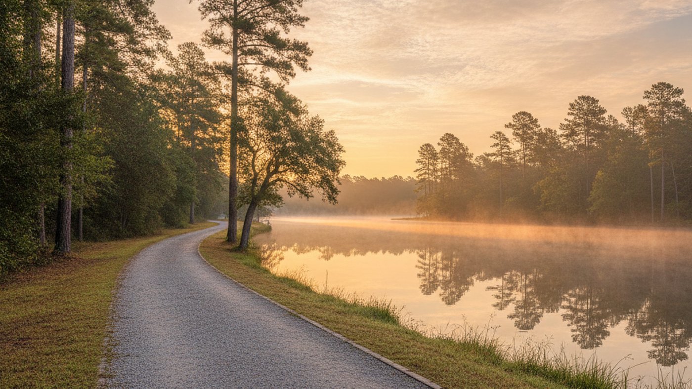 Quiet walking path beside a lake at sunrise with trees along the shore