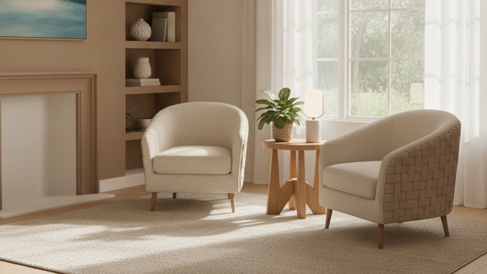 Two empty armchairs and a small side table in a calm, sunlit room, representing counseling after rehab