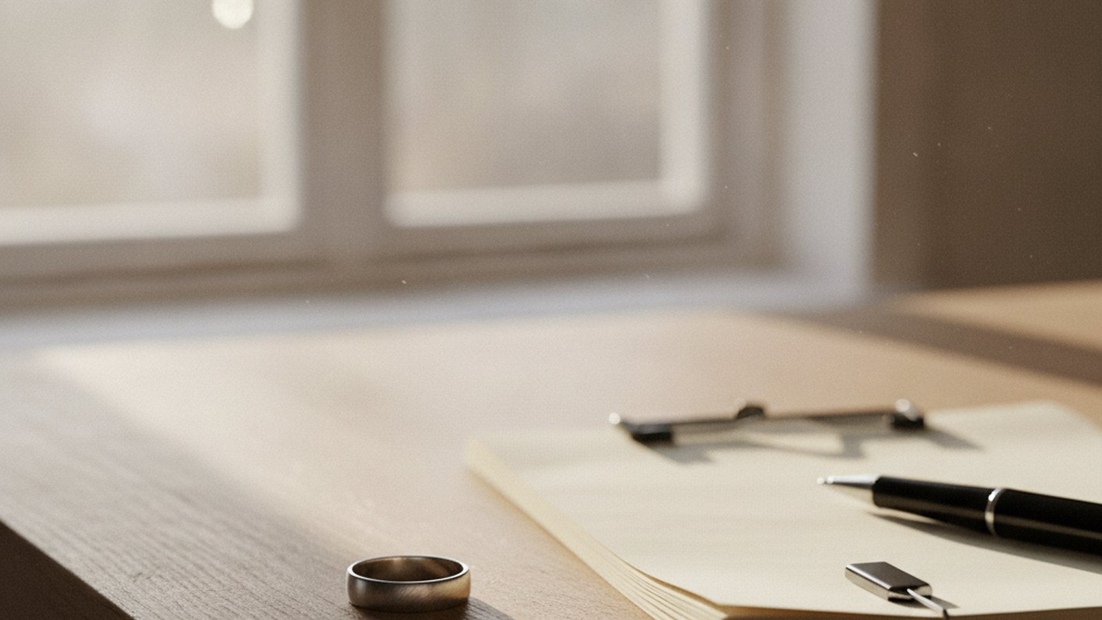 A plain wedding band on a kitchen table beside a folded stack of paperwork and a pen