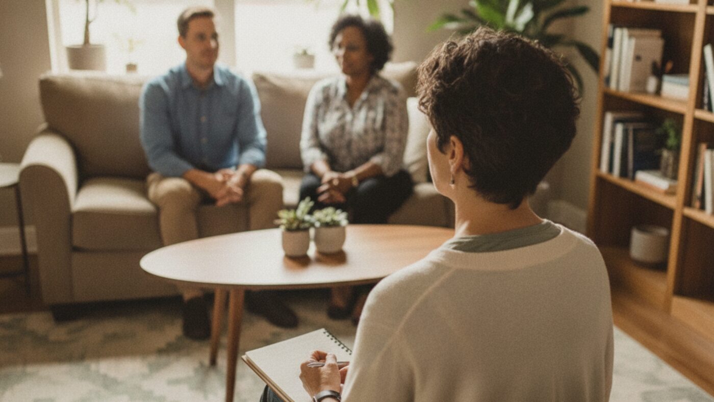 Counselor seated with a notepad facing two clients during a first couples counseling session