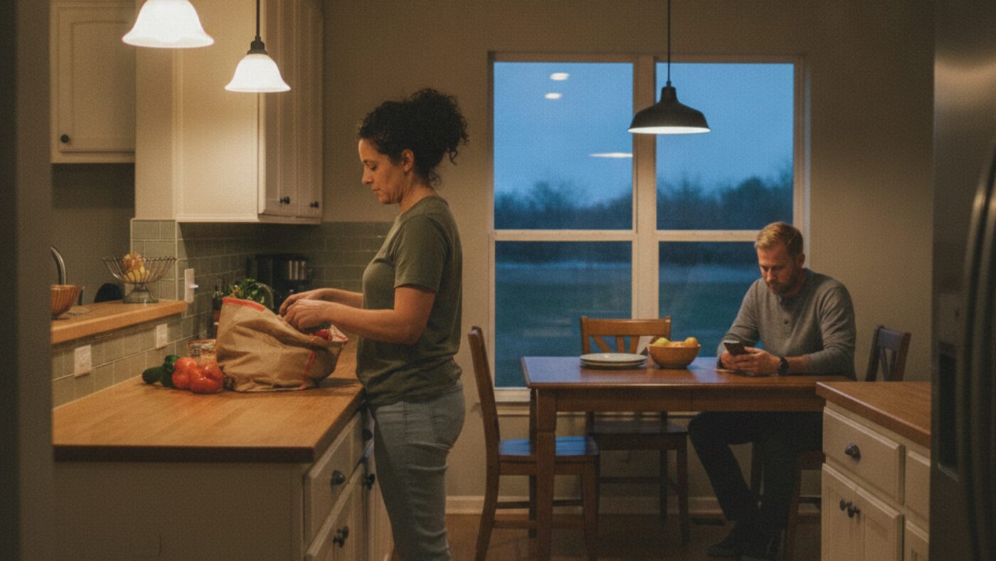 Two partners in the same kitchen at the end of the day, occupied separately and not speaking