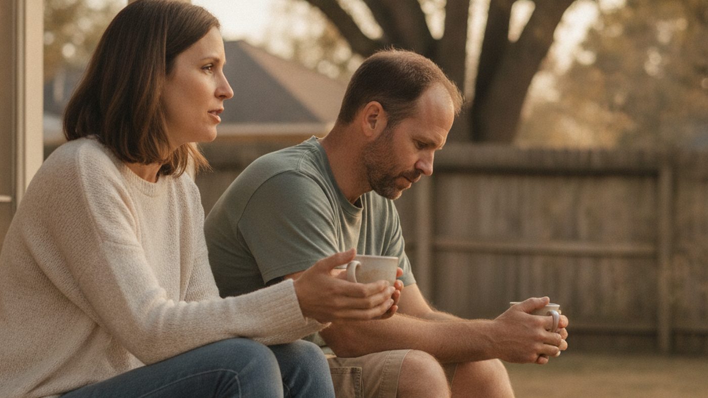 Partner calmly suggesting couples counseling to a reluctant spouse over coffee on the back porch