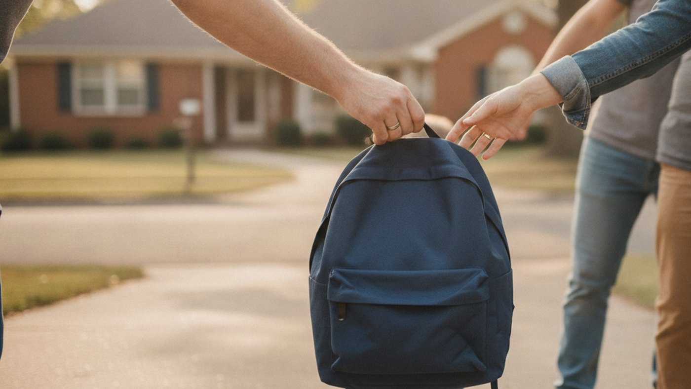 Two adults calmly passing a child's backpack between them during a co-parenting handoff on a driveway