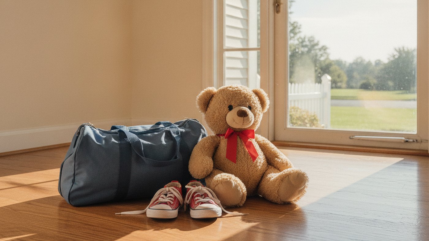 Child's packed overnight bag, sneakers and teddy bear waiting by the front door before a visit to the other parent's home