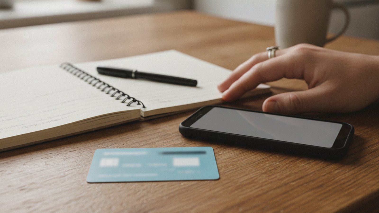 Health insurance card, phone and notepad on a kitchen table during a call about coverage