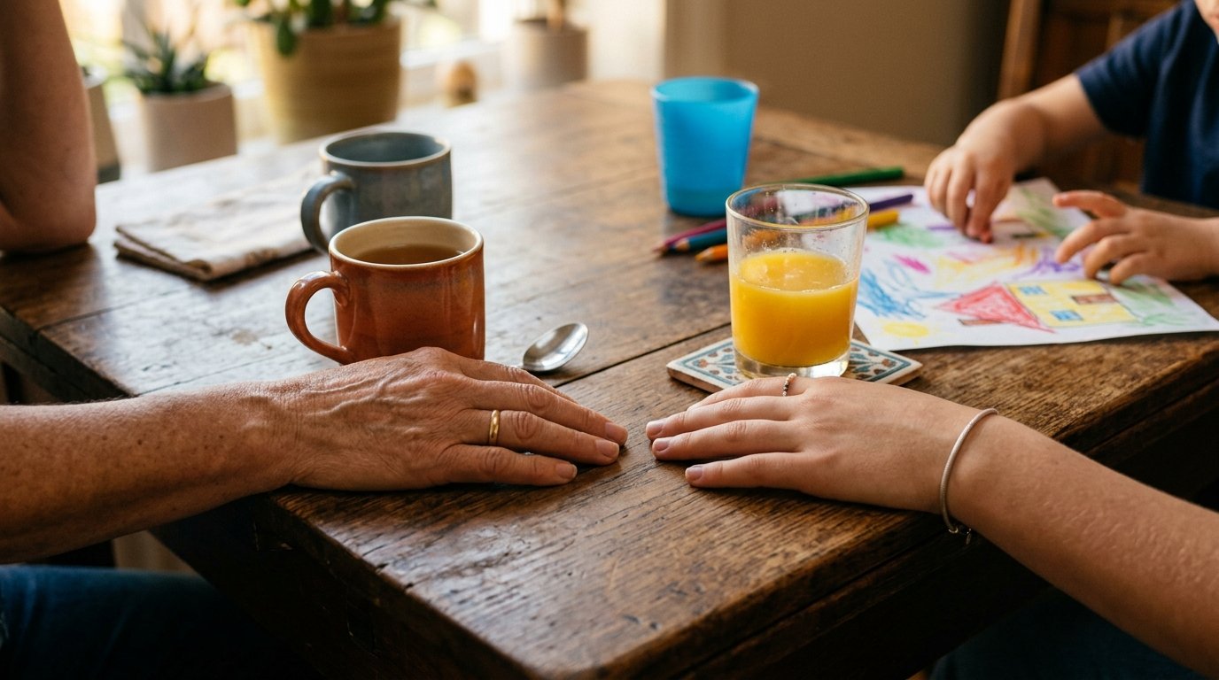 An adult and a teenager's hands resting near mugs on a kitchen table, a quiet moment of family connection