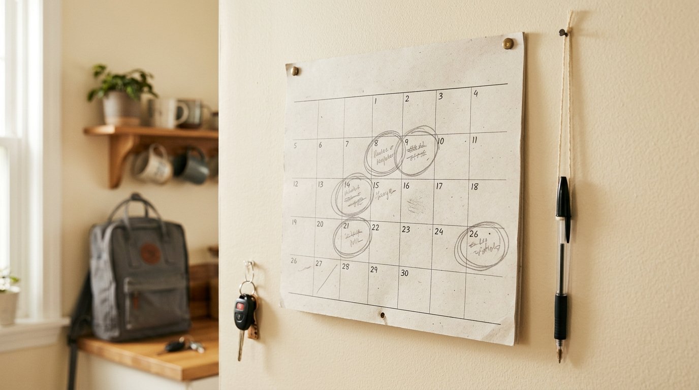 A paper wall calendar in a family kitchen with weekly appointment slots circled in pencil