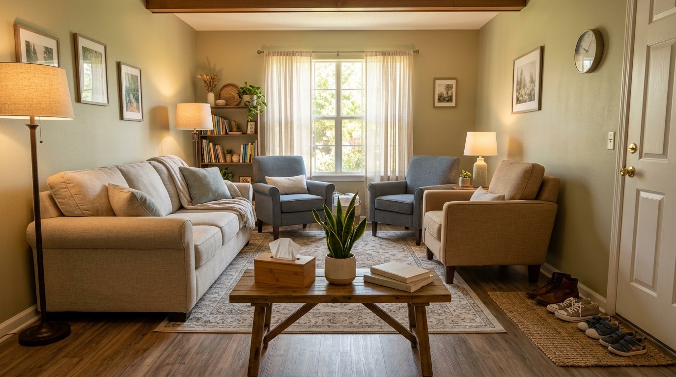 A calm, sunlit counseling room with a sofa and armchairs arranged in a circle, ready for a family counseling session