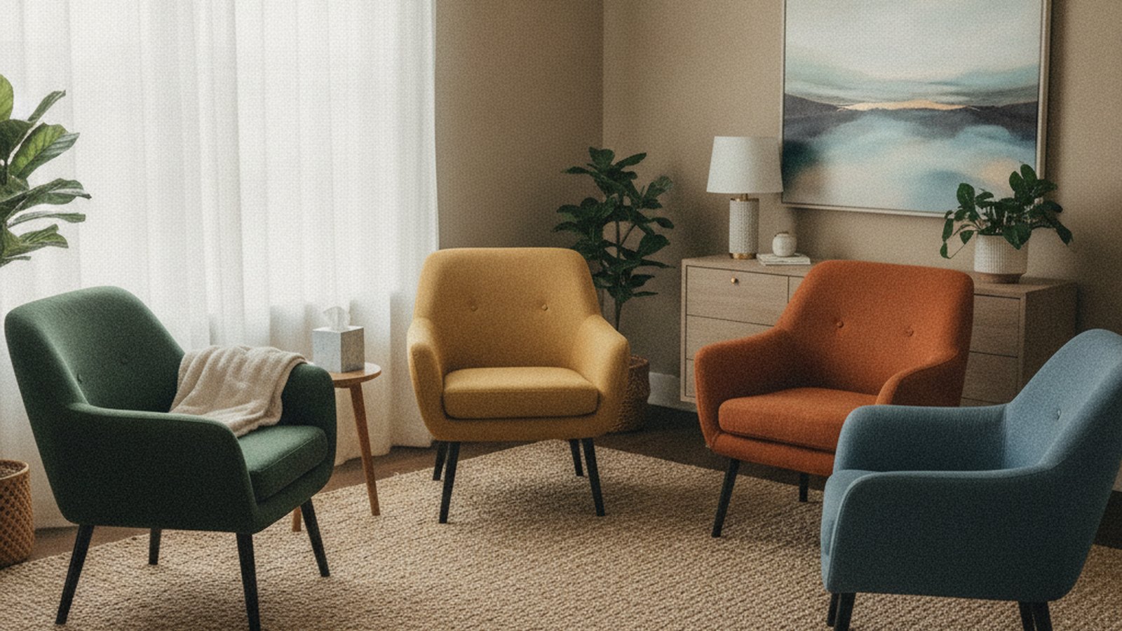 Chairs arranged in a circle for a family session with one chair empty and set slightly apart