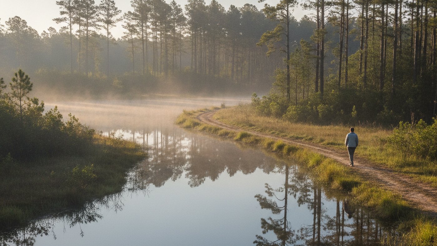 Adult walking alone along a misty lakeside trail at sunrise, taking quiet time to process grief