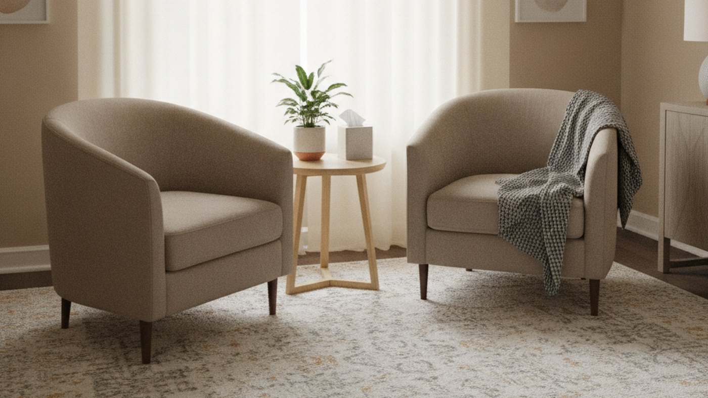 Two comfortable armchairs in a calm, softly lit counseling room ready for a grief counseling session