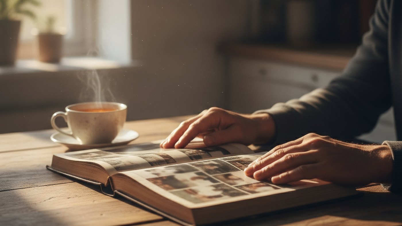 Hands resting on an open family photo album beside a cup of tea on a kitchen table in morning light