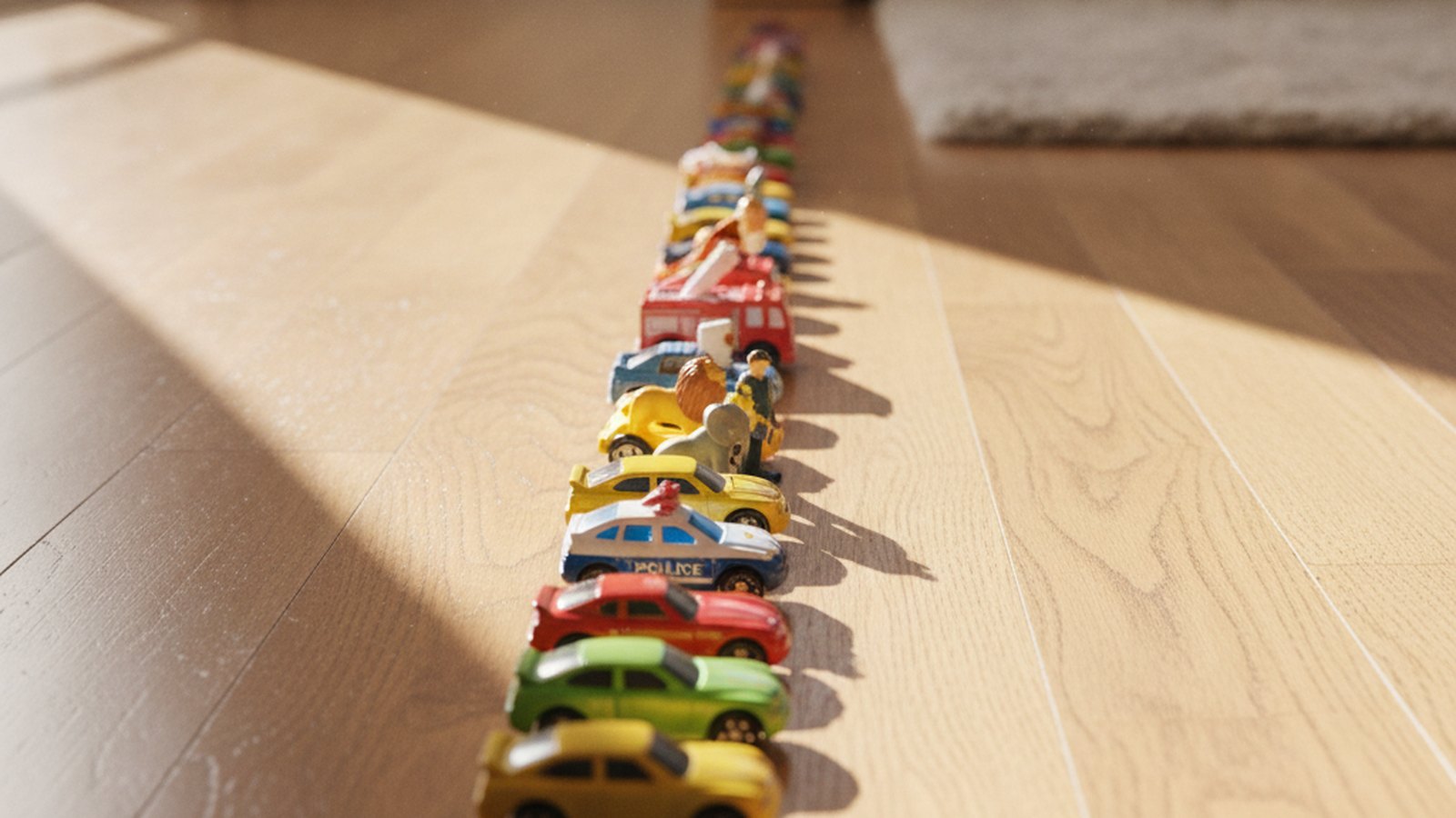 Toy cars arranged in a precise evenly spaced row on a living room floor