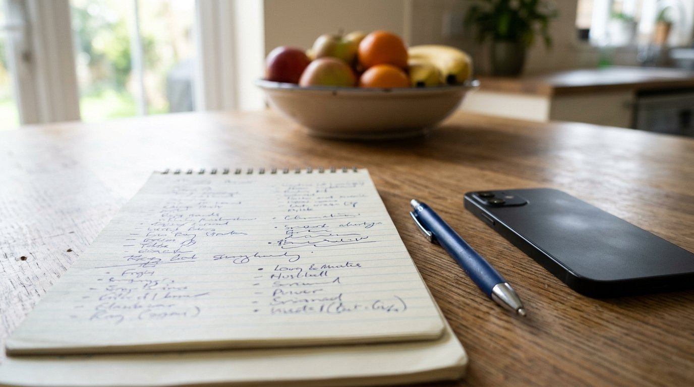 A notepad with a handwritten list of questions next to a phone on a kitchen table, ready for a call with a divorce counselor