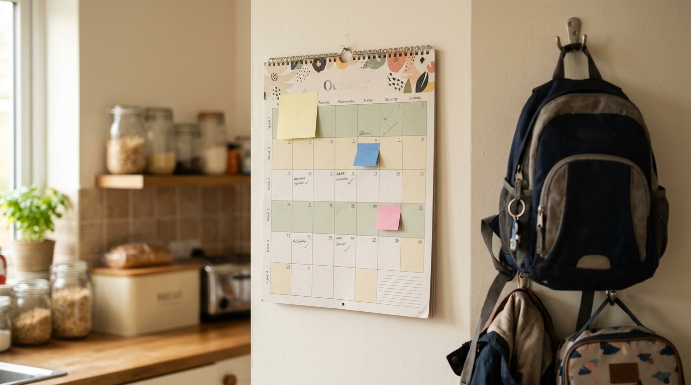 A paper wall calendar with alternating weeks shaded in two colors, the kind of custody schedule that shapes when divorce counseling sessions fit