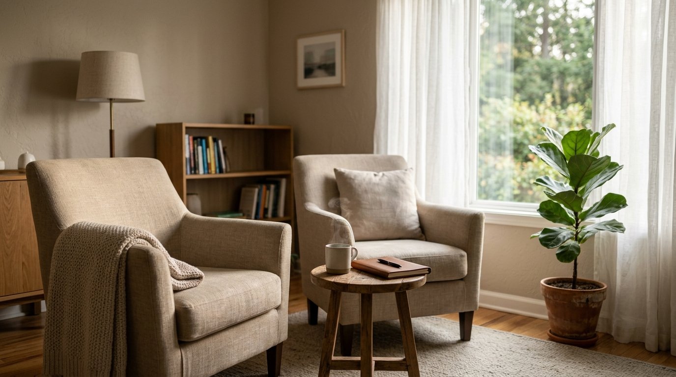 Two armchairs and a small table with a notepad and a cup of tea in a quiet, sunlit counseling room, the kind of space to meet a divorce counselor