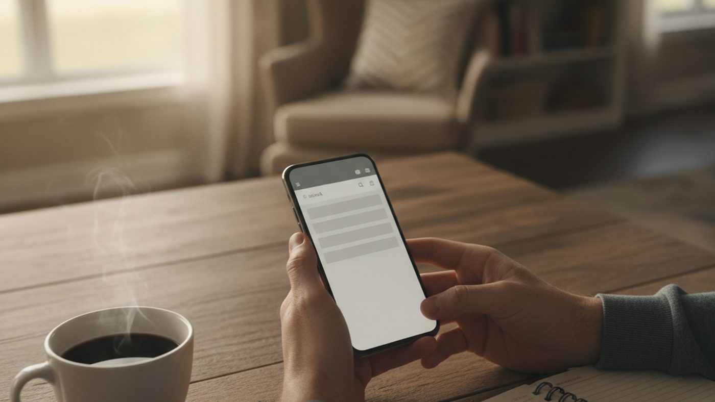 Hands holding a smartphone at a kitchen table beside a notebook and coffee while searching for a grief counselor