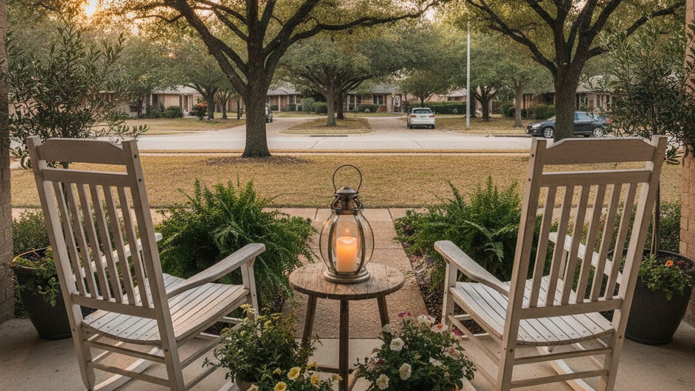 Two wooden rocking chairs on a quiet suburban front porch at dusk with a lantern glowing between them