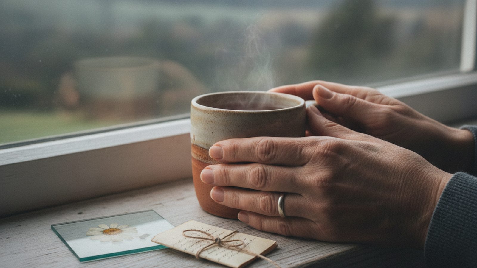 Hands holding a warm mug of tea on a windowsill beside a pressed flower and a folded note, a quiet moment while choosing a grief counselor