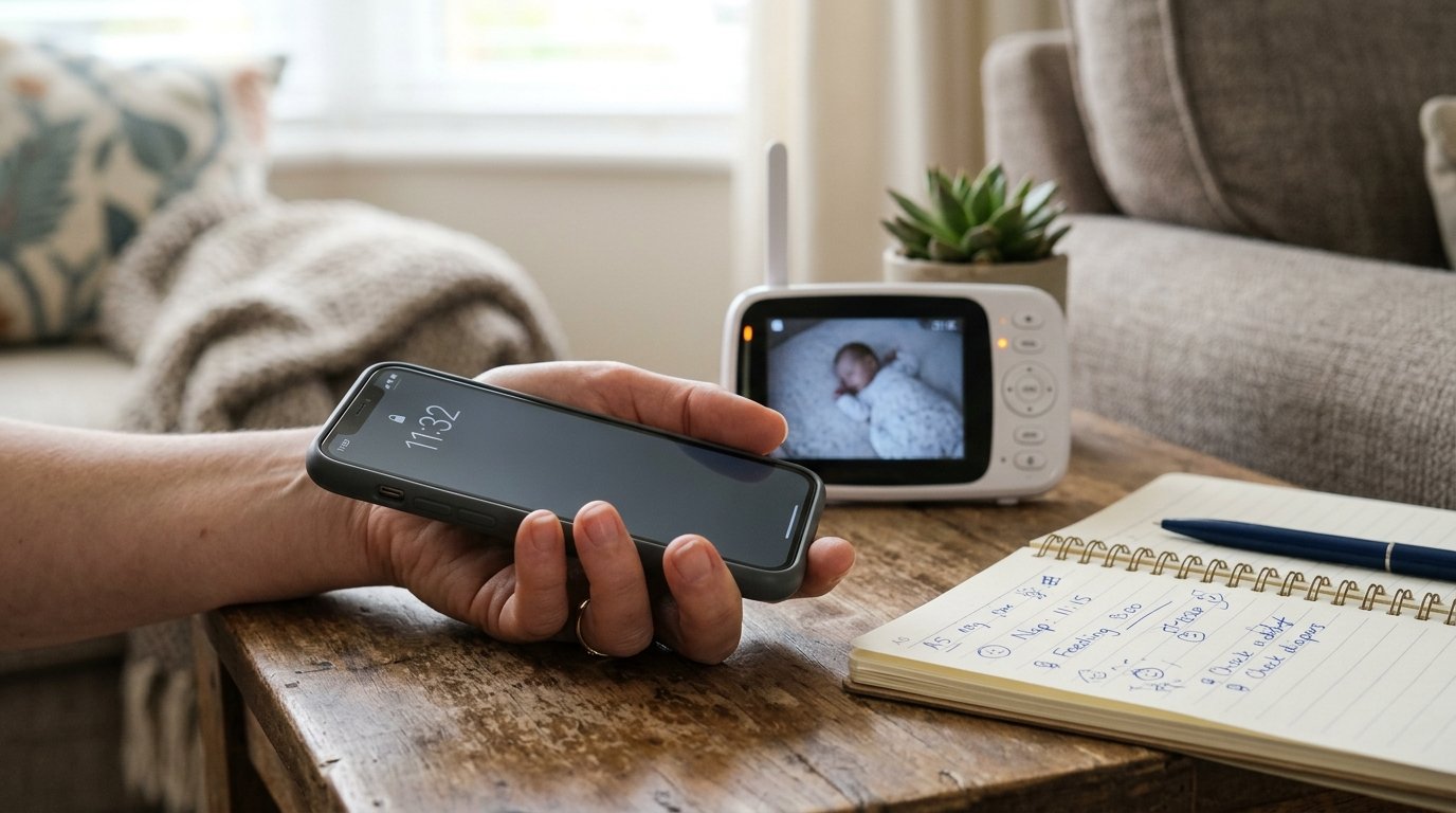A woman's hand holding a phone beside a baby monitor and a notepad while she calls to book a postpartum therapist
