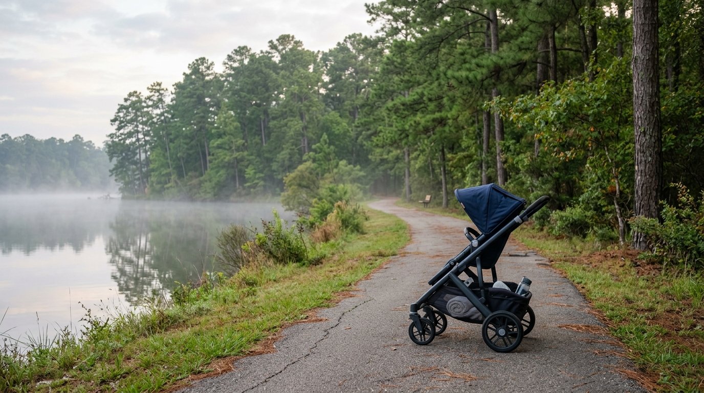 A stroller parked on a quiet tree-lined path beside a lake on a misty morning