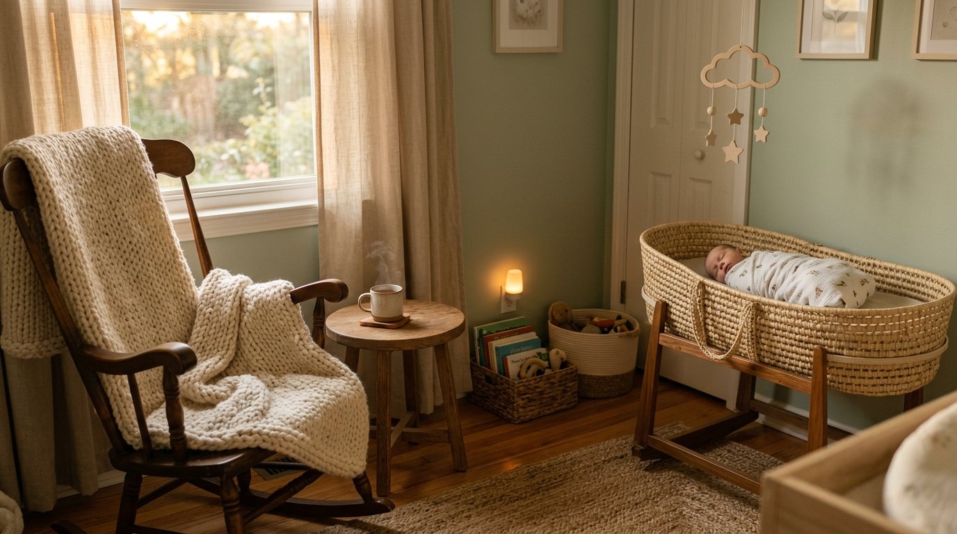 A quiet nursery corner with a rocking chair, a soft blanket and a sleeping baby in a bassinet, a calm moment while looking for a postpartum therapist