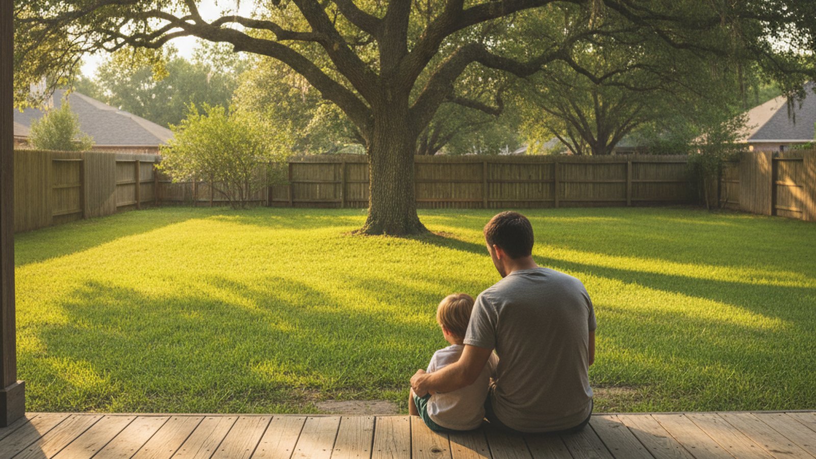 Parent and young child sitting together on a back porch step, seen from behind, during a gentle conversation about divorce