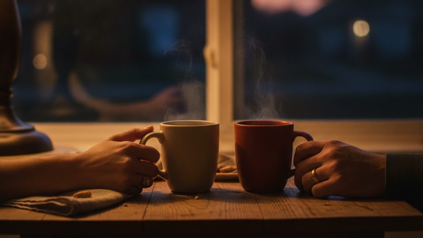 Two coffee mugs on a small wooden table by a window at dusk, with a couple's hands resting beside them