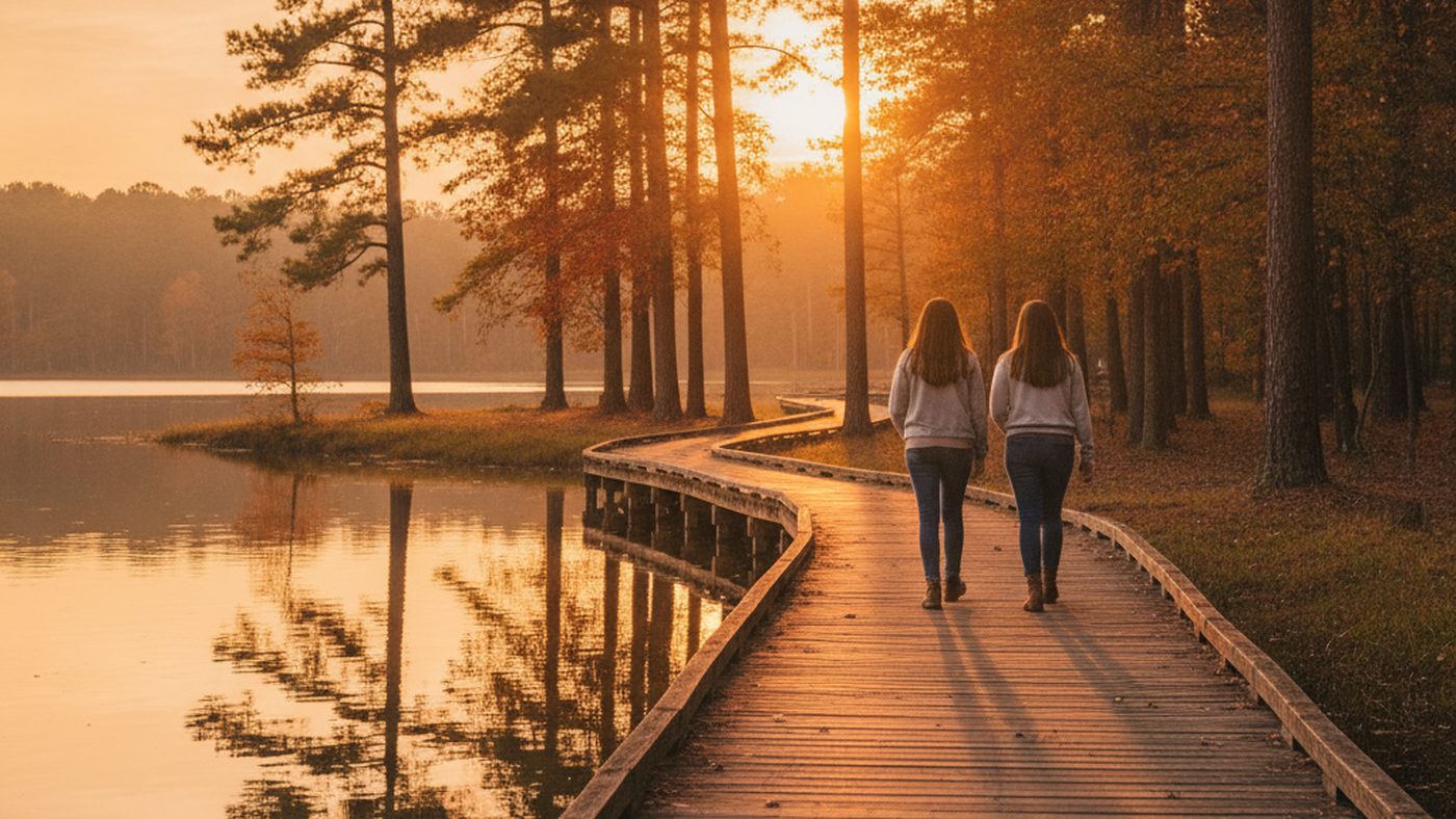 Two people walking side by side along a lakeside boardwalk lined with pine trees at sunset