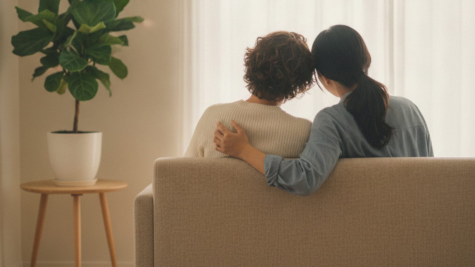 A couple seen from behind sitting close together on a sofa in a bright, calm room, representing marriage counseling and couples therapy