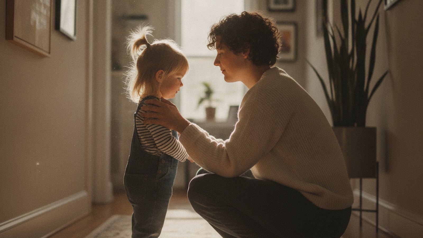 An adult crouched down to a young child's eye level in a home hallway