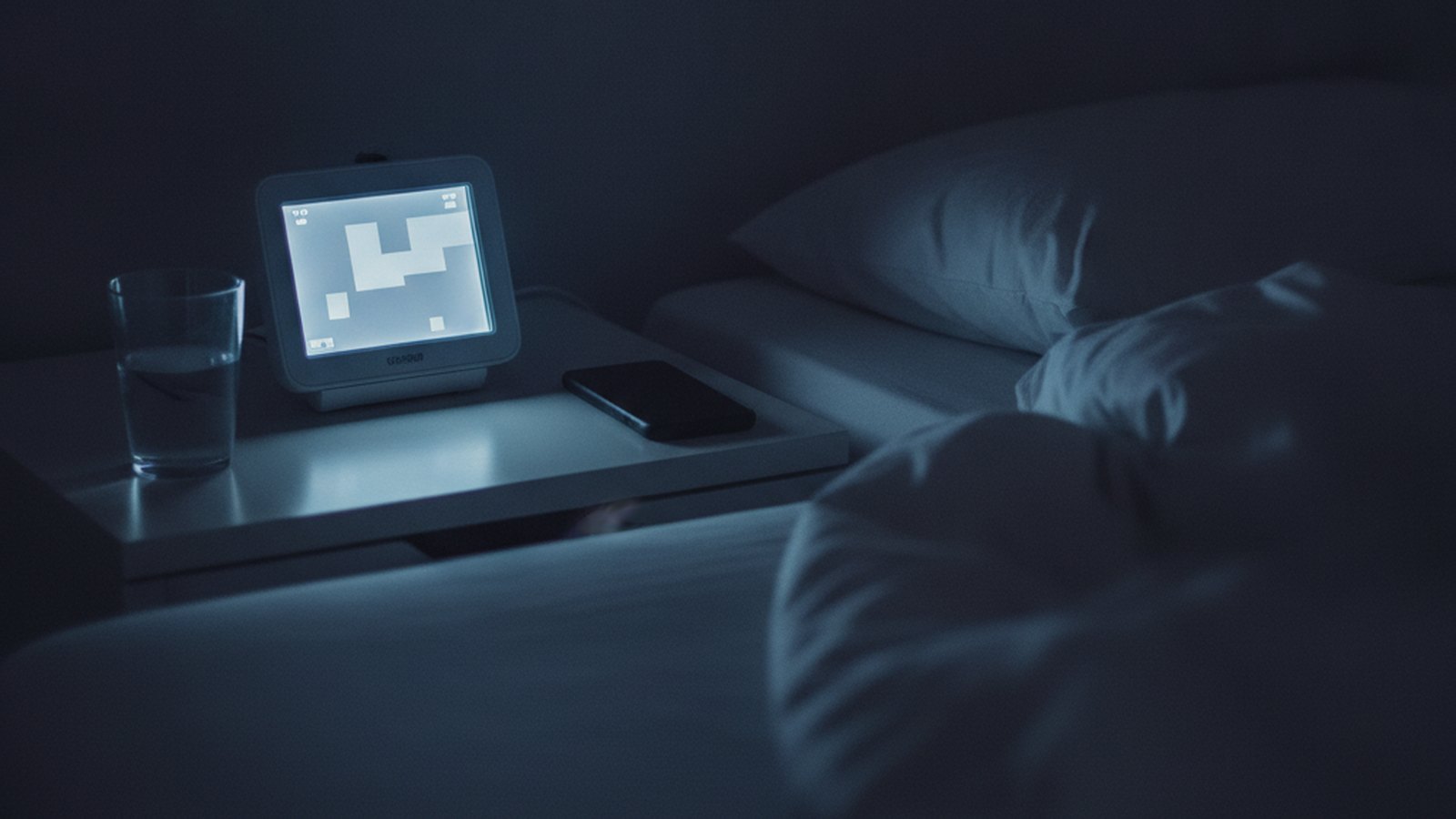A baby monitor glowing on a bedside table in a darkened bedroom at night
