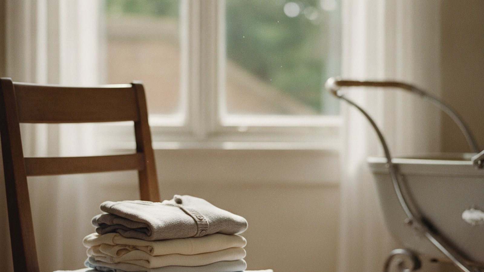 Folded baby clothes stacked on a chair beside a window, with a pram in the background