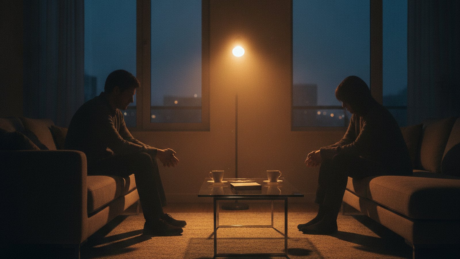 Two people sitting at opposite ends of a sofa in a dim room, turned away from each other