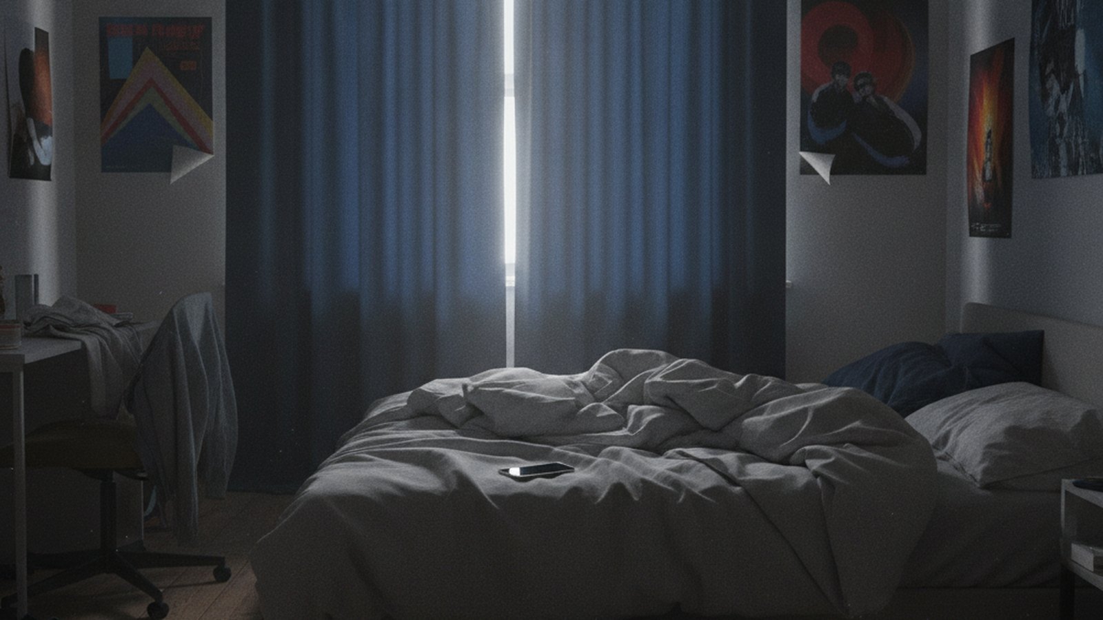 A teenager's bedroom in the afternoon with curtains drawn and a schoolbag left on the floor